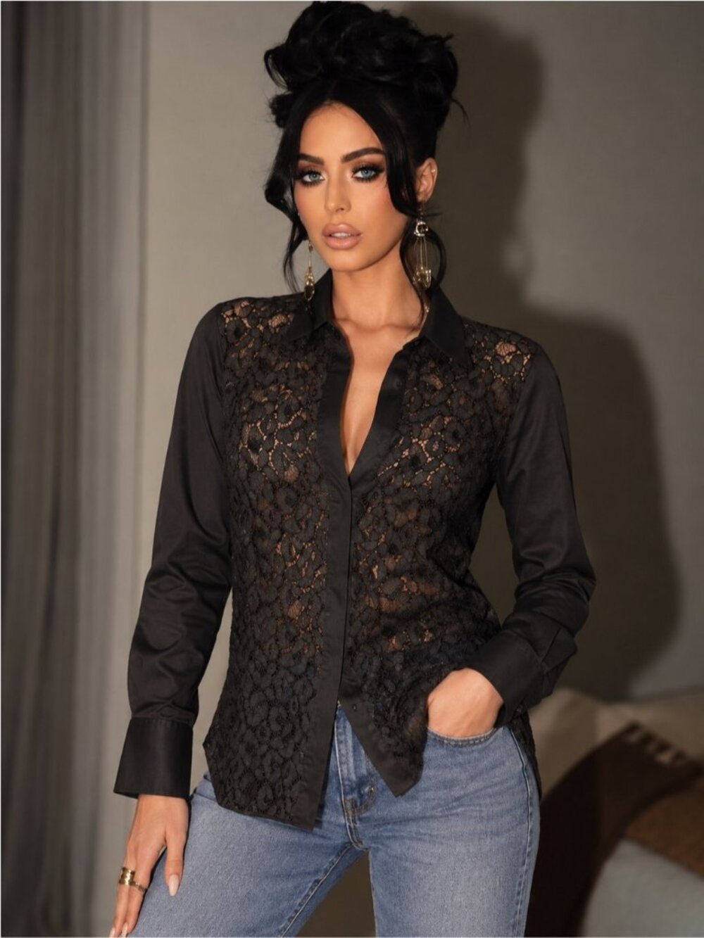 Lis Lareida Cotton Black Lace-Front Button Down Shirt size EU 34